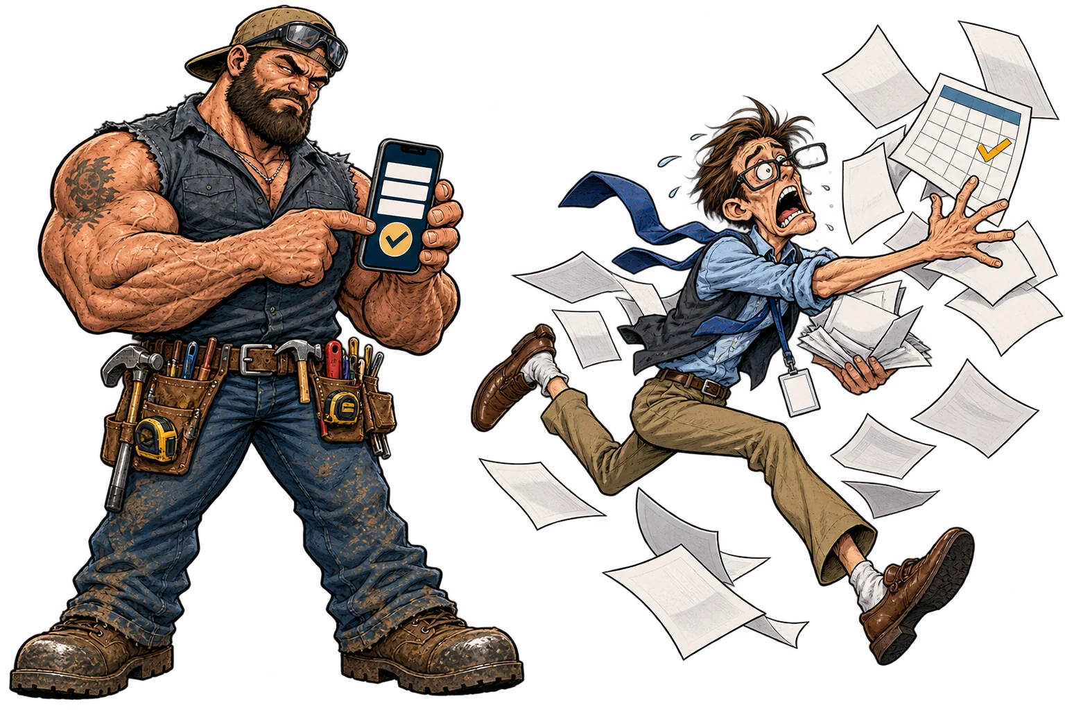 A rugged contractor casually taps a quick phone form while a frantic nerd races to catch flying forms and a calendar.